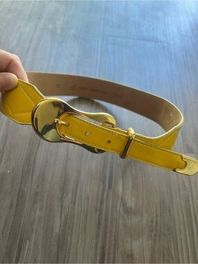 Vintage Designer Yellow Patent Leather Belt Gold Trim Size M